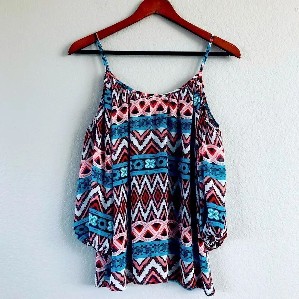 Miami Boho Print Coral Turquoise Cold Shoulder Top S